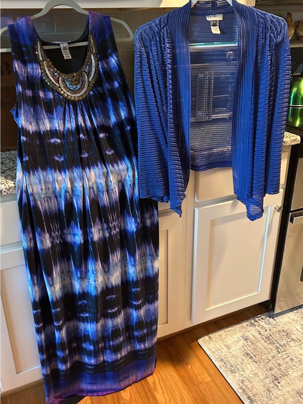 Catherines Blue and Black Tie-Dye Maxi Dress with Beaded Neckline